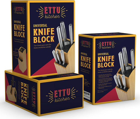 Image of Bamboo Universal Knife Block - Extra Large Two-Tiered Slotless Wooden Knife Stand, Organizer & Holder - Convenient Safe Storage for Large & Small Knives & Utensils - Easy to Clean Removable Bristles