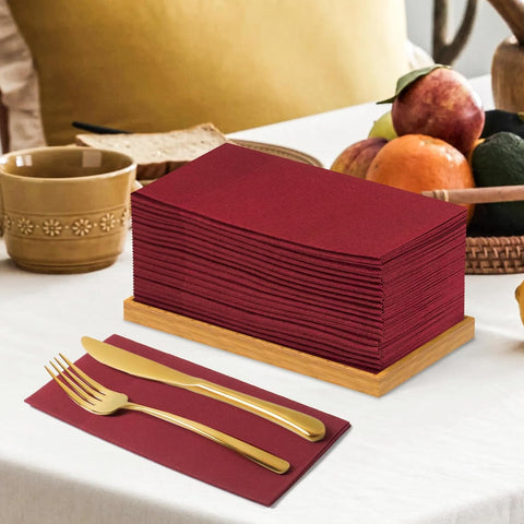 Image of 100 Pack Disposbale Burgundy Cloth like Paper Dinner Napkins Folded,Premium Thick Paper Napkins Build in Flatware Pocket,Long Hand Paper Towel for Party Christmas Wedding Bathroom and Events