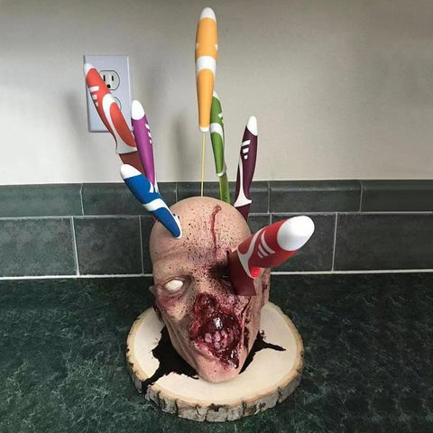 Image of Halloween Knife Block, Quirky Counter Fruit Knife Holder, Creepy Bloody Skeleton Head Knife Storage Stand, Gothic Home Kitchen Decor, Horror Party Ornament Gag Gift for Halloween/Christmas/Birthday