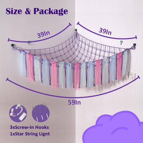 Image of Stuffed Animal Toys Hammock with LED Light, Stuffed Doll Hanging Corner Holder for Home Storage, Large Hanging Net -Display Teddies for Nursery and Kids’ Bedroom, Purple Decor Organizer