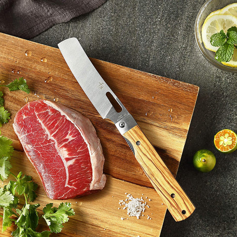 Image of 440A Stainless Steel Ultra Sharp Pocket Folding Chef Knife Peeling Utility Knife Fruit Knife Natural Olive Handle Camping BBQ Trip Outdoor Portable Kitchen Knife