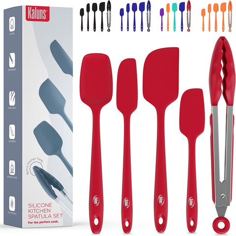 Image of Silicone Spatula Set 5 Pcs Rubber Spatulas Silicone Heat Resistant 600°F, Spatulas for Nonstick Cookware, Seamless Design with Stainless Steel Core, Dishwasher Safe, Bonus Tongs Included