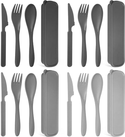 Image of Reusable Portable Travel Utensils Set, Service for 4, Forks Spoons Knives for Camping Wheat Straw Plastic Flatware with Storage Case (Gray Ombre)