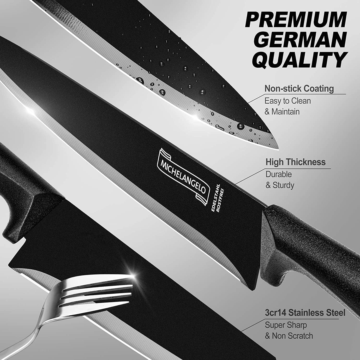 18Pc Kitchen Knife Set with Block, Super Sharp Black Knife Set, Versatile Chef Knife Set with Knife Sharpener & Peeler, Stainless Steel Knives for Kitchen, 6 Steak Knives Included
