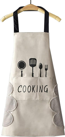 Image of Women Kitchen Apron with Hand Wipe Pockets,Big Pocket,Hand-Wiping, Waterproof for Cooking Baking