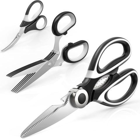 Image of Kitchen Shears 3 Pack - Kitchen Scissors Set with Heavy Duty Kitchen Shears, Herb Scissors with 5 Blades and Cover, Seafood Scissors