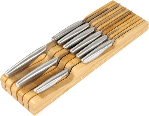 Image of Bamboo Kitchen Knife Block Holder Organizer - Holds 5 Long + 6 Short Knives (Not Included), Fits Most Knife Sizes, Rubber Feet, Sustainable Bamboo, In-Drawer Design