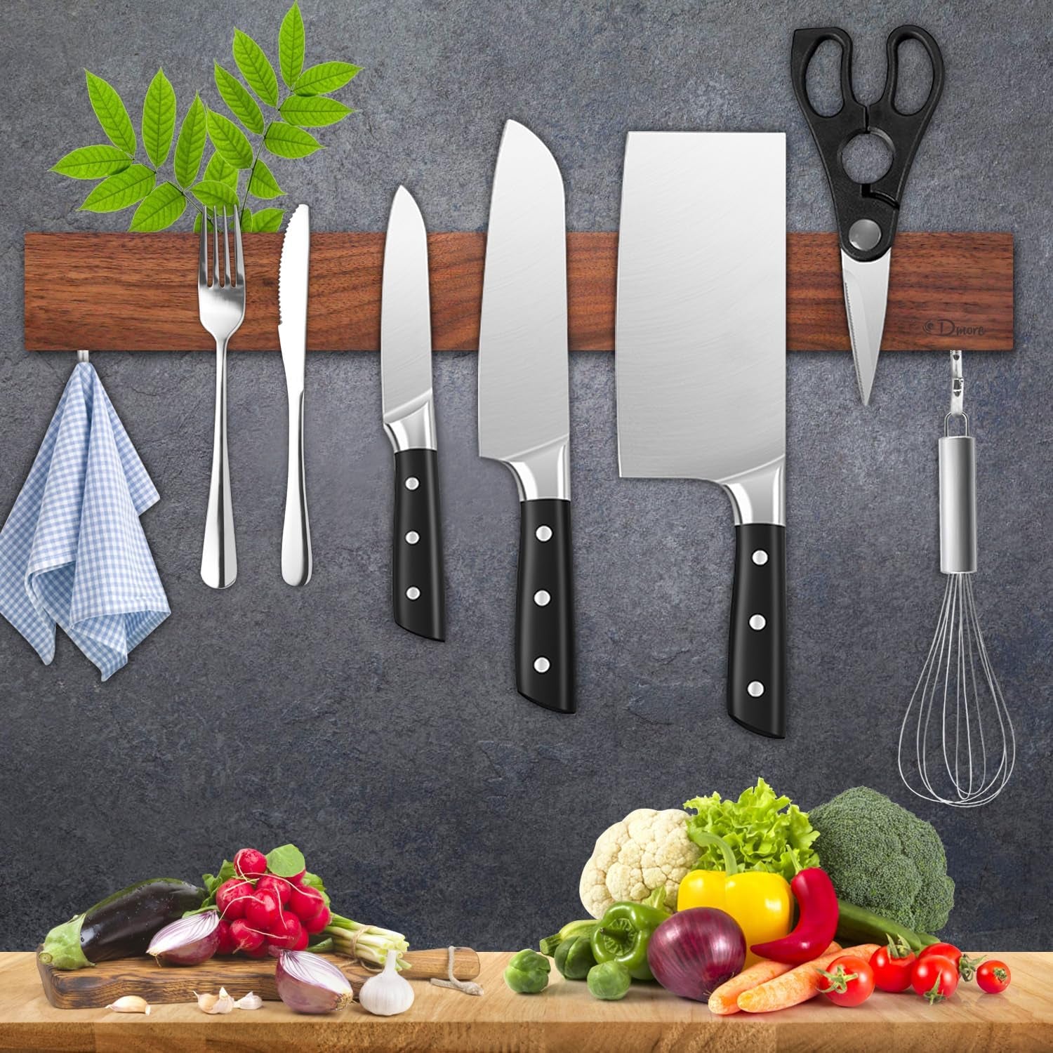 Magnetic Knife Holder for Wall—With 2 Hooks, No Drilling 16 Inch Walnut Wood Knife Magnetic Strip, Extra Strong Magnet Knife Rack, Include Adhesive Tape and Screws for Kitchen