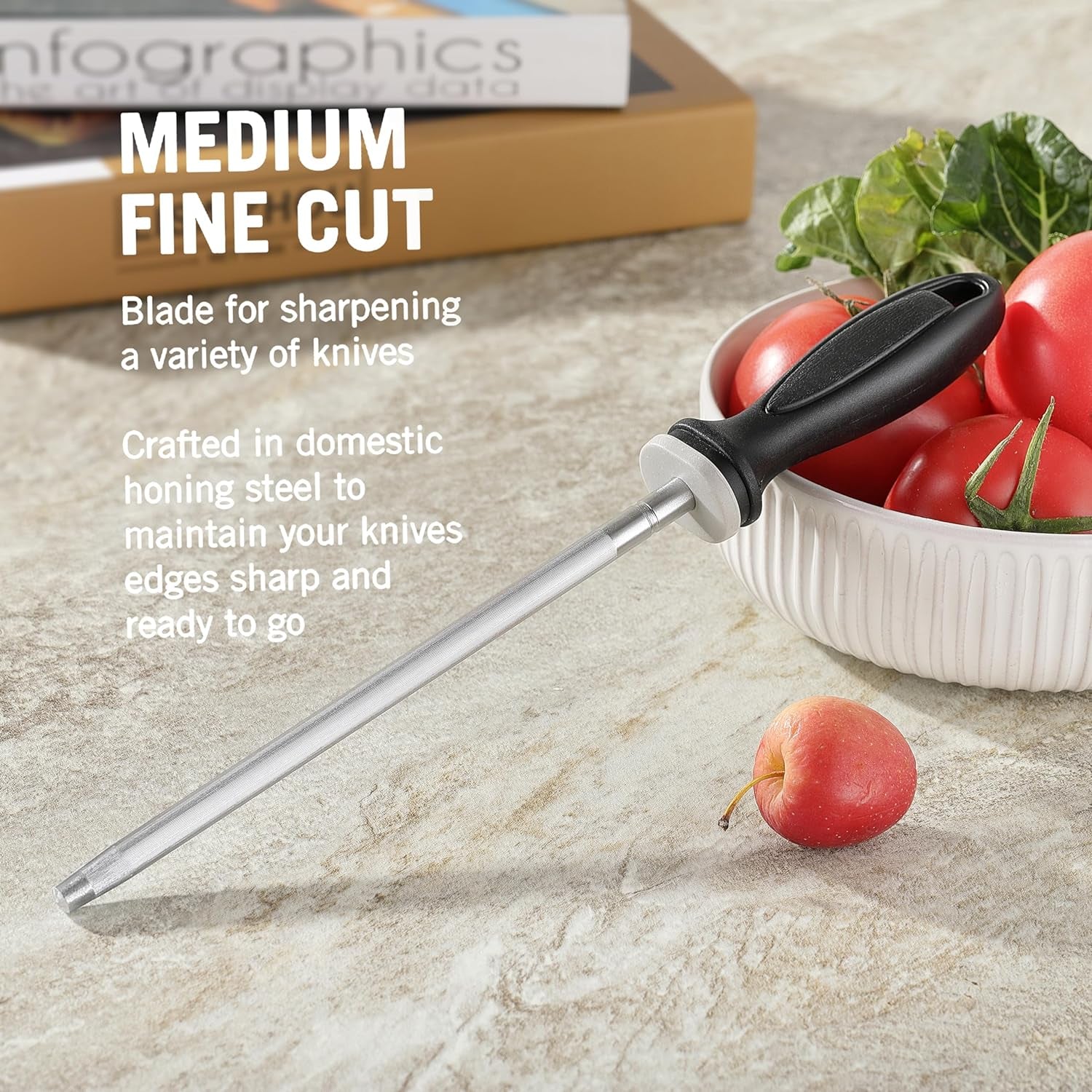 Knife Sharpener Rod,  12 Inch Knife Sharpening Steel, Knife Sharpening Rod with Ergonomic PP Handle (Black)