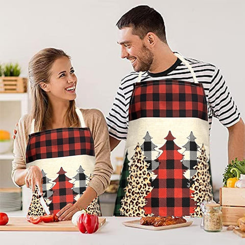 Image of Christmas Aprons for Women Men Red Holiday Kitchen Cooking Apron Adults Buffalo Plaid Apron for Grilling Baking Gardening