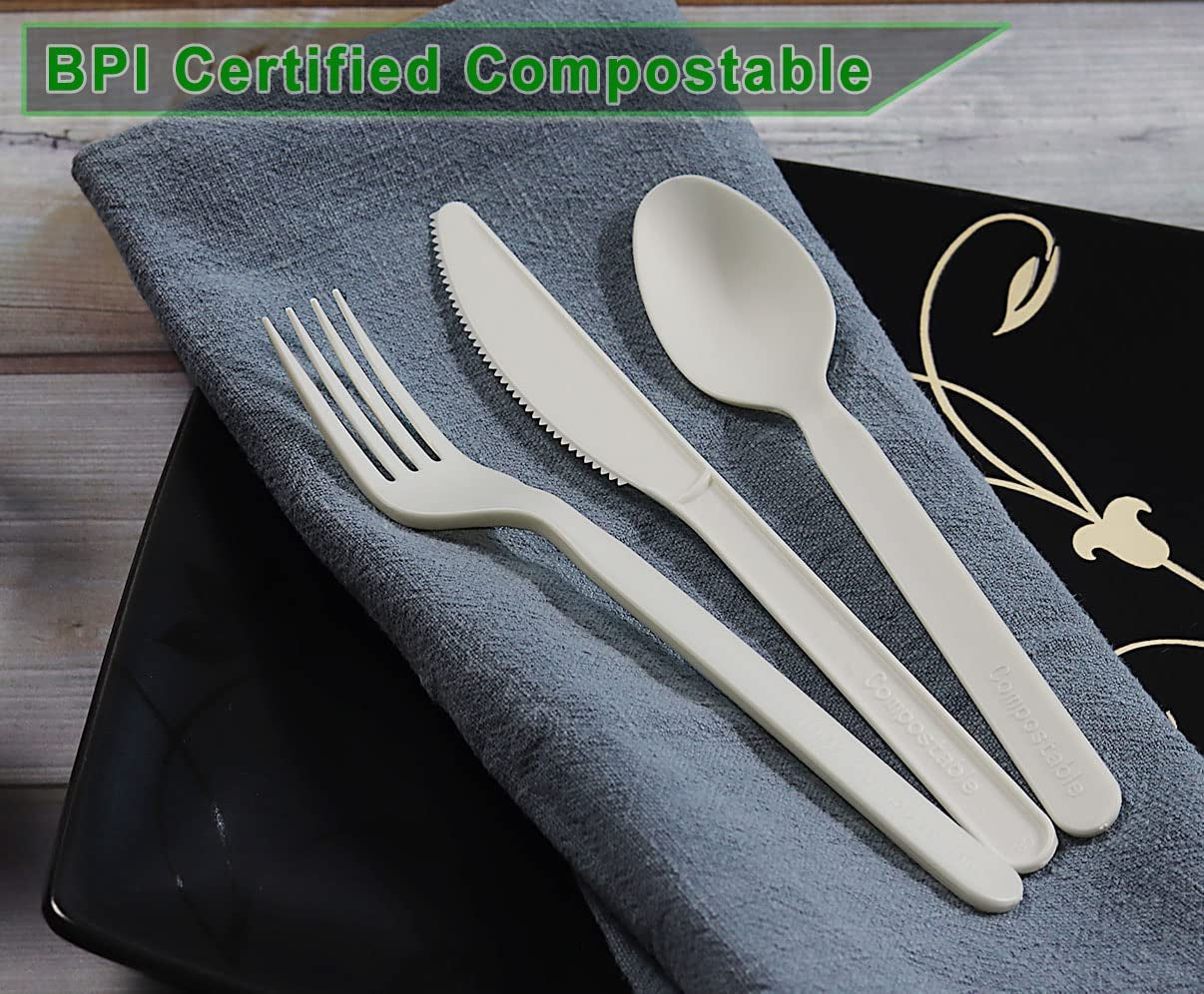 6" Compostable CPLA Cutlery Kits, BPI Certified,200 Sets (Fork, Spoon,Knife,Napkin 4 in 1) Individually Wrapped with Compostable Bags,Alternative to Plastic Disposable Utensils