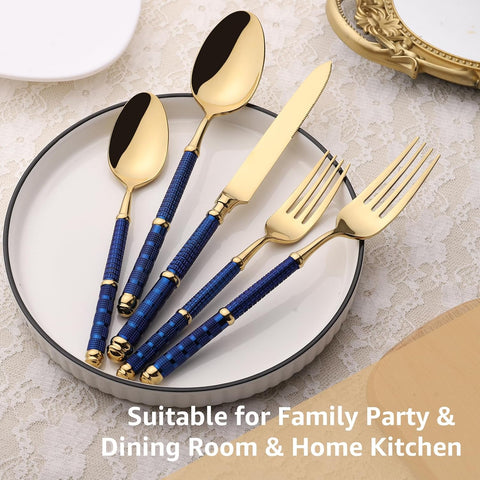 Image of 5Pcs 18/10 Stainless Steel Silverware Set Forged Manual Polishing Flatware Set Titanium Plated with Luxury Domee Handle Dishwasher Safe Home Hotel Restaurant Use Wedding Housewarming Gift Gold Blue