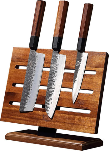Image of Kitchen Magnetic Knife Block Holder, Japanese Acacia Wood Storage Knife Tool Holder, Enhanced Double-Sided Magnetic Strip Wooden Knife Holder