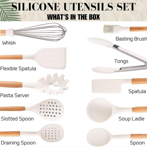 Image of White Silicone Cooking Utensils, White Kitchen Utensils, White Cooking Utensils Set | Silicone Spatula, Tongs, Ladle, Serving Spoons-Non-Stick, BPA Free Kitchen Utensils Set with Holder - 11 Pc