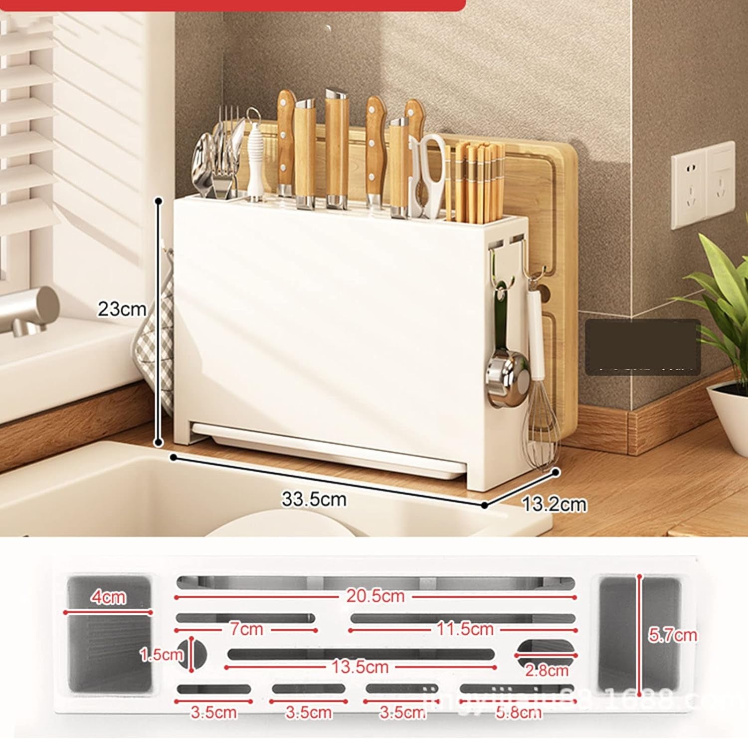 Kitchen Knife Drying Holder, Multifunction Kitchen Integrated Chopsticks Cutting Board Storage Rack Organizer White Fruit Knives, Kitchen Knives, Scissors, 13.2 X 5.2 X 9.1In