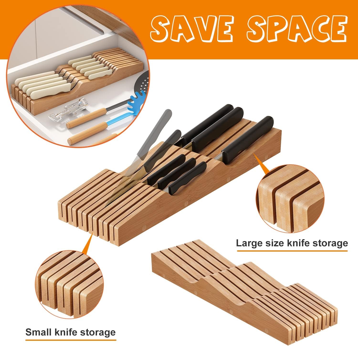 In-Drawer Knife Block Organizer - Bamboo Wood Drawer Knife Organizer-Protecting Knife Organizer Block Holds up to 11 Knives(Not Included)