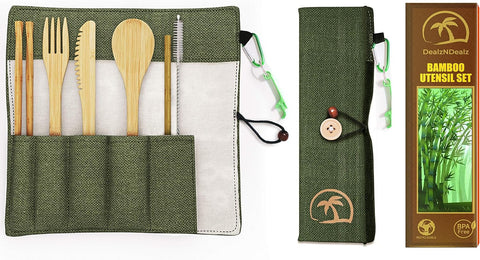 Image of 9-Piece Bamboo Utensil Set – Reusable Cutlery Travel Set – Portable Bamboo Flatware for Kids & Adults – Bamboo Fork, Knife, Spoon, Chopsticks – Comes in a Well-Designed Washable Case