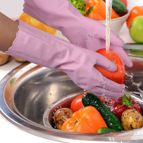 Image of Rubber Cleaning Gloves - 3 Pairs Latex Free Kitchen Cleaning Gloves with Cotton Liner- Household Dishwashing Gloves, Non- Slip Waterproof (Large, Blue+Pink+White)