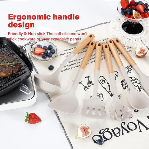 Image of Kitchen Utensils Set, Large Non-Stick Silicone Cooking Utensils Set 6 Pcs, Wooden Handle Heat Resistance Silicone Spatula Soup Ladle Pasta Server Kitchen Gadgets Utensils Set BPA Free (Khaki)