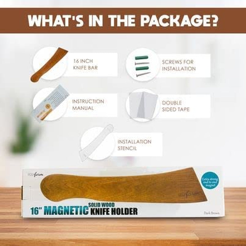 Magnetic Knife Holder for Wall No Drill - 16" Wooden Knife Magnetic Strip No Drilling Option W/Adhesive Backing & Drilling Hardware | Magnetic Knife Strip | Kitchen Knife Organizer Rack -Light Brown