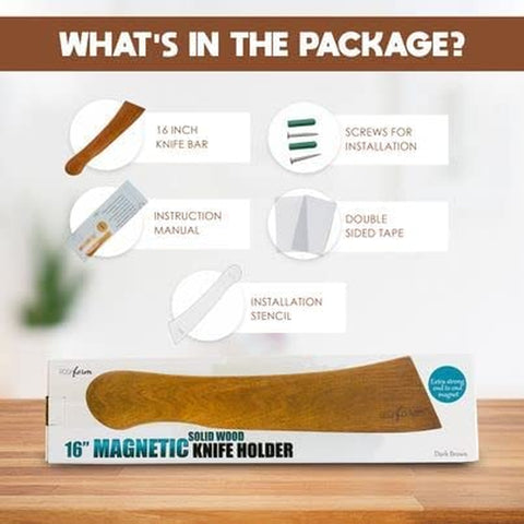 Image of Magnetic Knife Holder for Wall No Drill - 16" Wooden Knife Magnetic Strip No Drilling Option W/Adhesive Backing & Drilling Hardware | Magnetic Knife Strip | Kitchen Knife Organizer Rack -Light Brown