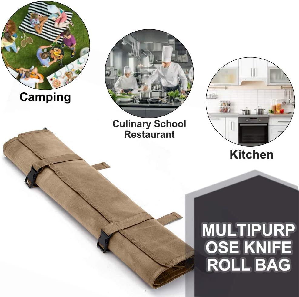 Knife Roll,Knife Bag,Knife Case,Waxed Canvas Chef Knife Bag,Portable Knife Roll Bag with 10 Slots plus 1 Zipper Pockets Can Hold Home Kitchen Knife Tools up to 18.8”,Heavy Duty Knife Bags for Chefs