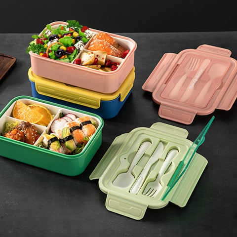 Image of Bento Box for Kids and Adults, Lunch Box 37Oz Food Storage Container with Fork & Spoon, Knife, BPA Free, Microwave, Dishwasher Freezer Safe (Green)