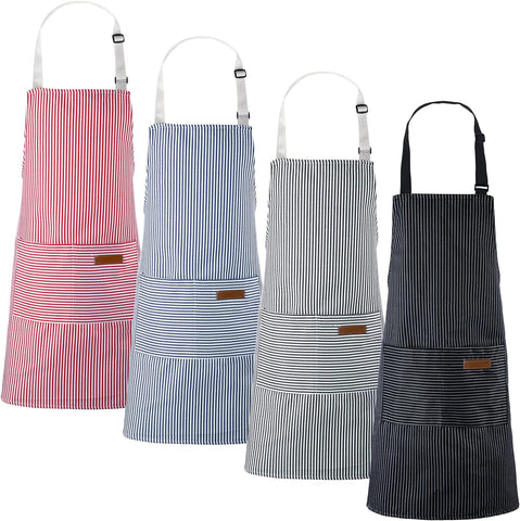 Image of Cooking Apron with Pockets Waterproof Baking Apron Soft Chef Kitchen Aprons Cotton Polyester Blend Adjustable Bib Aprons for Women Men, Crafting BBQ, Black, Blue, Pink, Grey Stripes(4 Pcs)