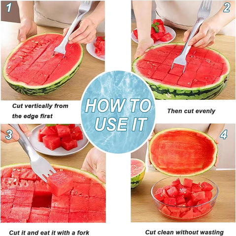 Image of Watermelon Fork Slicer Cutter, Watermelon Cutter Slicer Tool, Portable Dual Head Stainless Steel Fruit Forks Slicer Tool Kitchen Gadgets for Family Party(2Pcs)