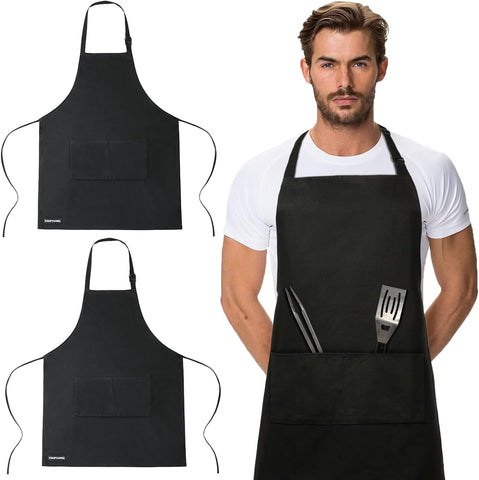 Image of Aprons for Men, 2 Pack 100% Cotton Mens Apron, Black Chef Kitchen Cooking Apron, Men Grilling BBQ Apron with 2 Pockets, Waterproof Man Apron for Gardening, Baking