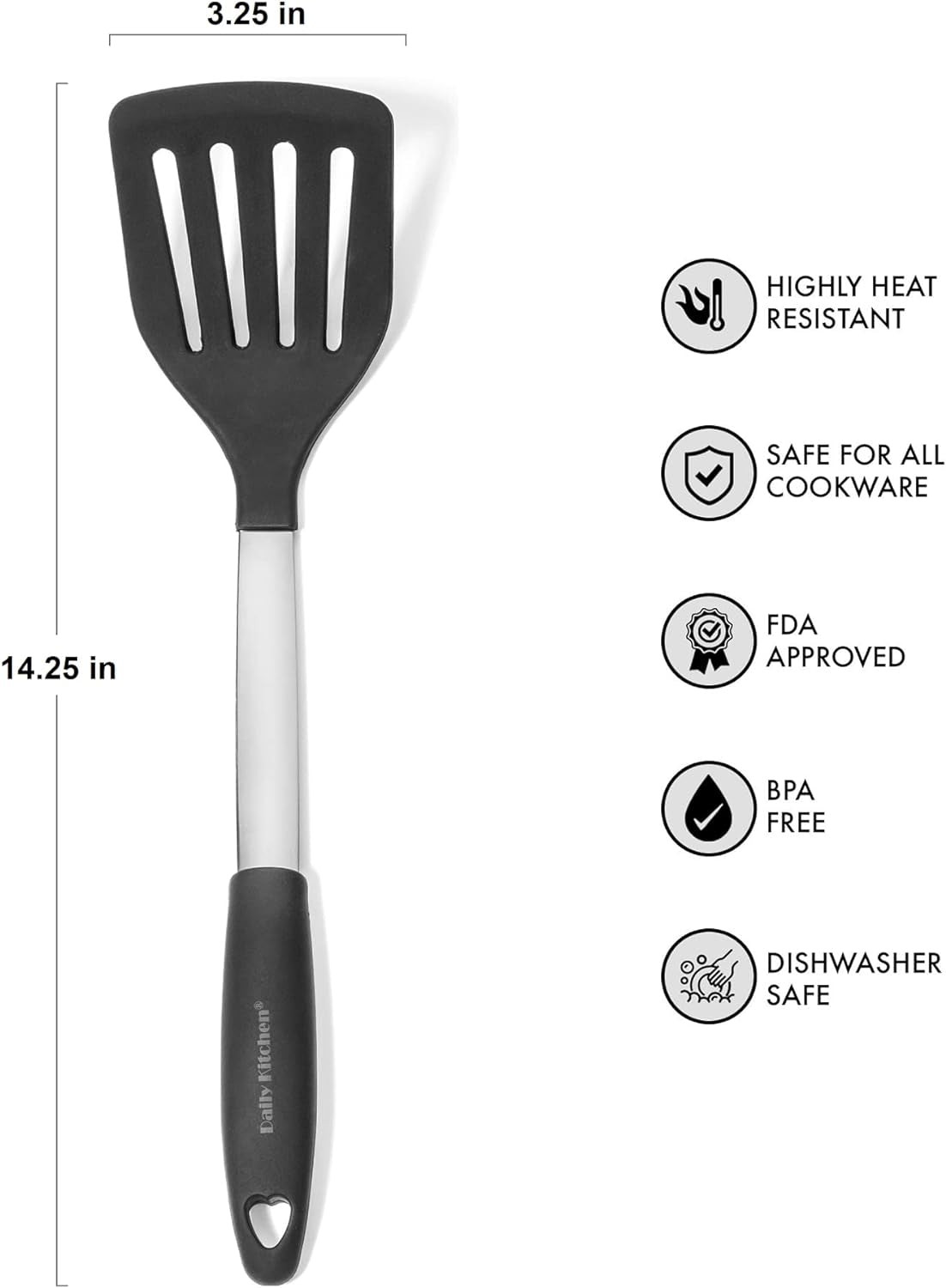 Spatula Heat Resistant Silicone and Stainless Steel - Slotted Turner Spatula Rubber Grip - Flexible Silicone Spatula Turner for Cooking and Non Stick Cookware - Versatile Kitchen Spatula