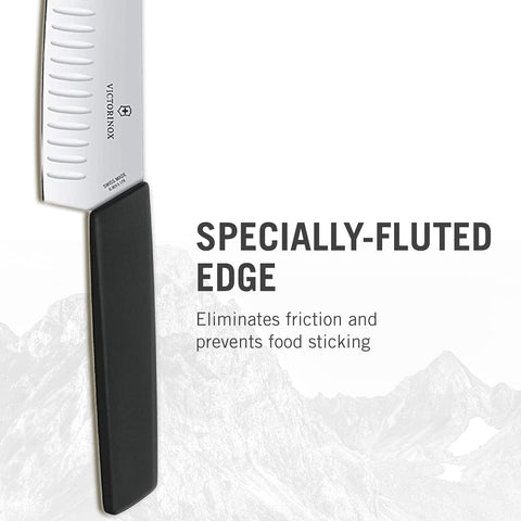 Image of 6.9053.17KB Swiss Modern Santoku Knife for General-Purpose Slicing, Dicing, Mincing, and Everything in between Fluted Edge Blade in Black, 6.7 Inches