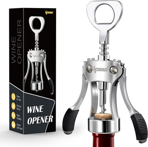Image of Wine Opener, Zinc Alloy Wine Bottle Opener, Wing Corkscrew Heavy Duty, Manual Multifunctional Cork Screw for Waiter, Silver