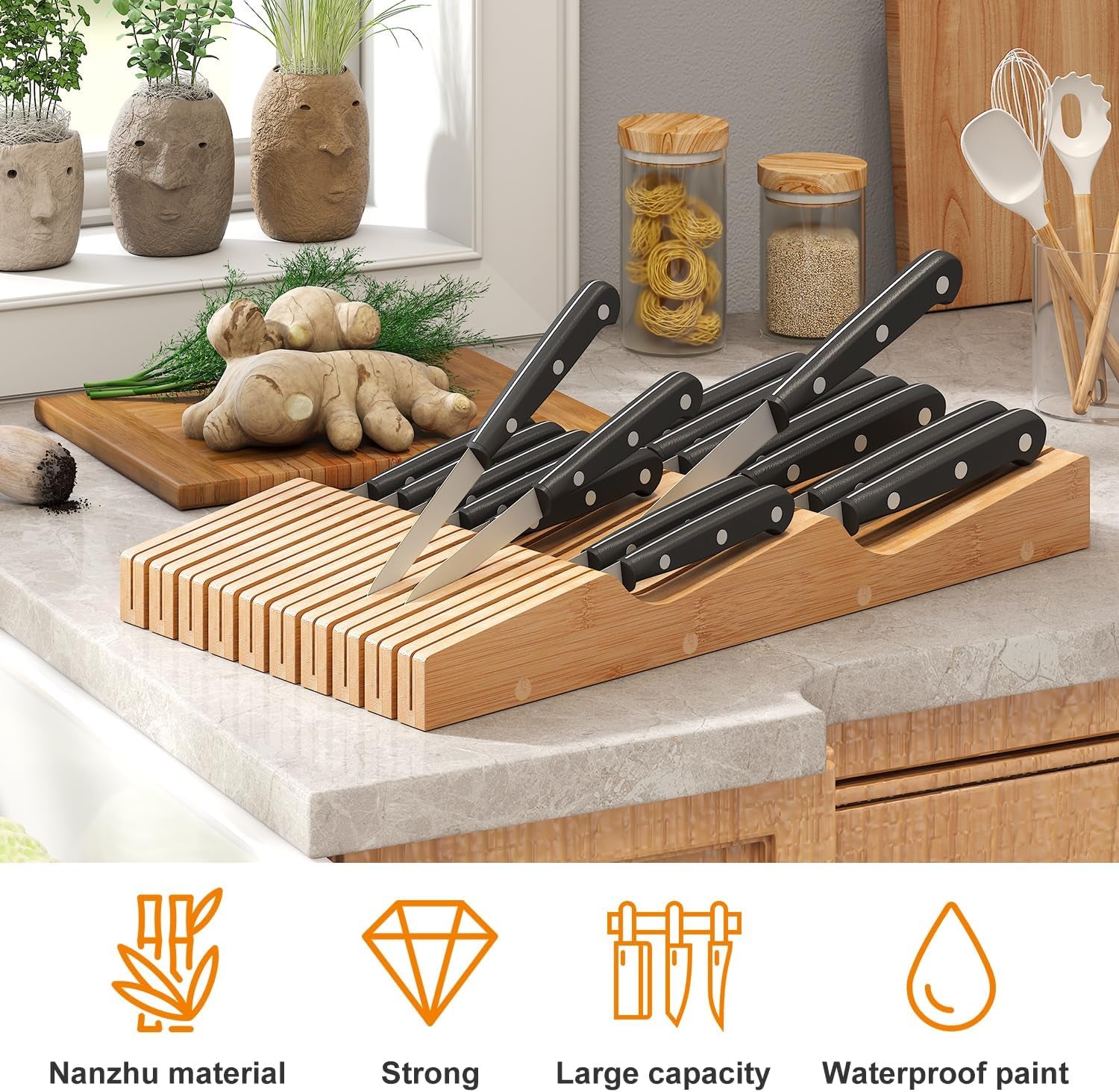 Bamboo Knife Block Holder, In-Drawer Knife Drawer Organizer-Protecting Knife Organizer Block Holds up to 19 Knives(Not Included)