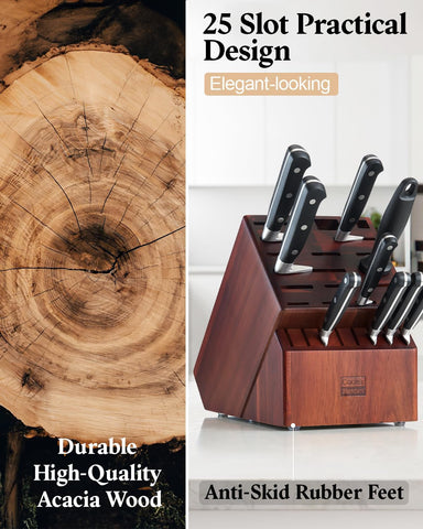 Image of Acacia Wood Knife Block Holder without Knives, 25 Slot X-Large Universal Countertop Butcher Block Kitchen Knife Stand for Easy Kitchen Storage