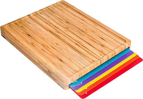 Image of Large Bamboo Wood Cutting Board Set with 6 Color-Coded Flexible Cutting Mats with Food Icons to Prevent Cross-Contamination - Ultimate Culinary Chopping Board Set