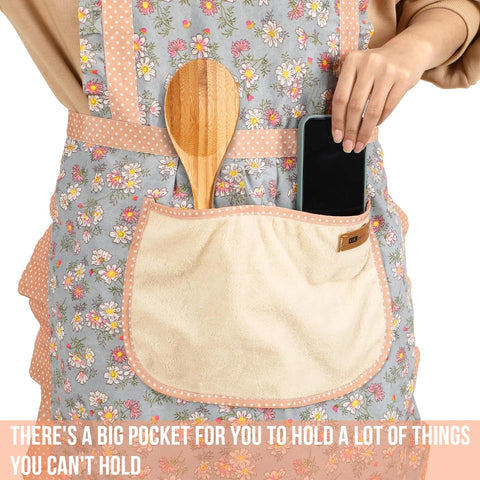 Image of 2Pcs Women Aprons with Pockets, Floral Apron Big Pocket Baking Mothers Day Gift Soft Chef Aprons for Kitchen Cooking Baking