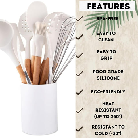 Image of White Silicone Cooking Utensils, White Kitchen Utensils, White Cooking Utensils Set | Silicone Spatula, Tongs, Ladle, Serving Spoons-Non-Stick, BPA Free Kitchen Utensils Set with Holder - 11 Pc