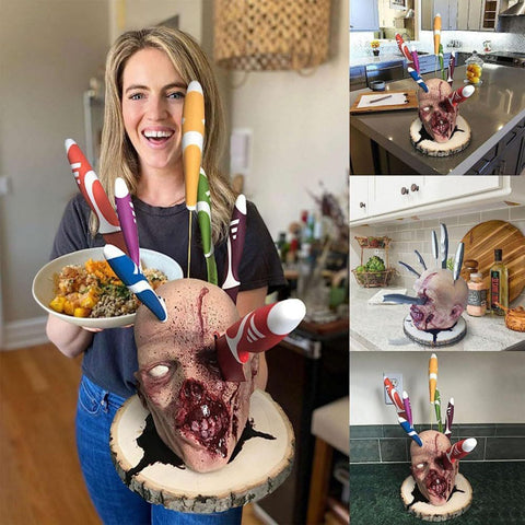 Image of Halloween Knife Block, Quirky Counter Fruit Knife Holder, Creepy Bloody Skeleton Head Knife Storage Stand, Gothic Home Kitchen Decor, Horror Party Ornament Gag Gift for Halloween/Christmas/Birthday