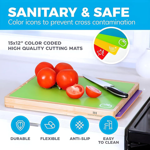 Image of Large Bamboo Wood Cutting Board Set with 6 Color-Coded Flexible Cutting Mats with Food Icons to Prevent Cross-Contamination - Ultimate Culinary Chopping Board Set