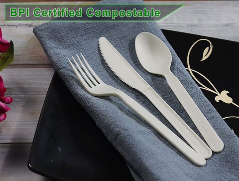 Image of 300 Count 7" Heavy-Duty Compostable Cutlery Set,100 Forks 100 Spoons 100 Knives,Bpi Certified Large T Disposable Bio-Based Cutlery