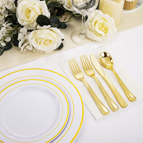 Image of 120 Pieces Gold Plastic Silverware - Disposable Flatware Set - Heavy Duty Plastic Cutlery - Silverware Includes 40 Forks, 40 Spoons, 40 Knives - Plastic Silverware