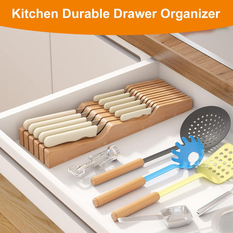 Image of In-Drawer Knife Block Organizer - Bamboo Wood Drawer Knife Organizer-Protecting Knife Organizer Block Holds up to 11 Knives(Not Included)