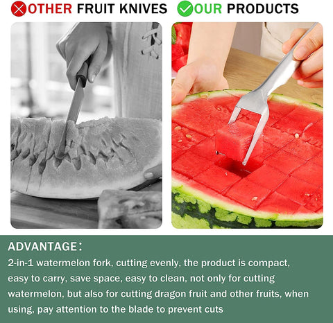 Image of 2Pcs Watermelon Fork Slicer Cutter: Watermelon Cutting Tool 2-In-1 Watermelon Fork Slicer Stainless Steel Fruit Fork Cutter for Party Camping Fruit Shape