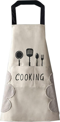 Image of Women Kitchen Apron with Hand Wipe Pockets,Big Pocket,Hand-Wiping, Waterproof for Cooking Baking