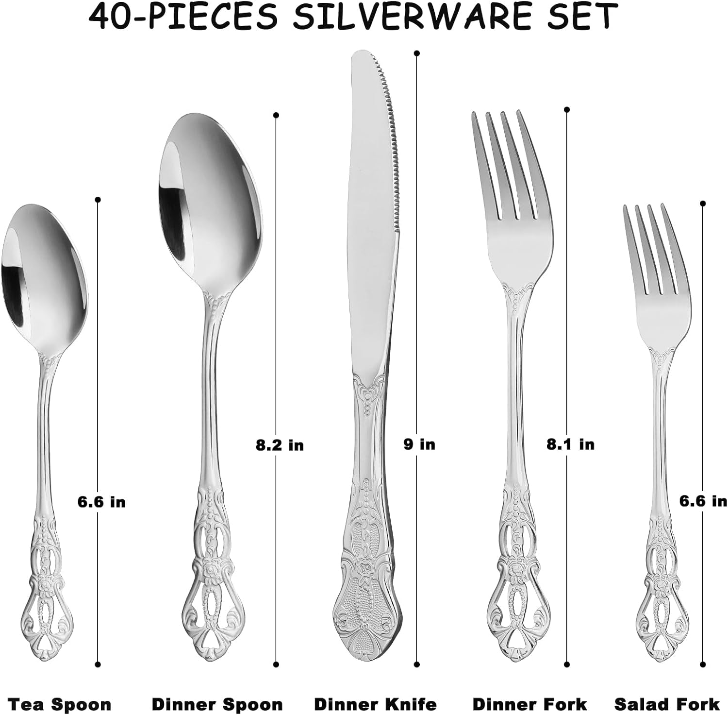 Silverware Set for 8, Stainless Steel Gorgeous Retro Royal Flatware Set, 40-Pieces Cutlery Tableware Set, Kitchen Utensils Set Include Spoons and Forks Set, Mirror Finish, Dishwasher Safe