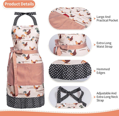 Image of Lovely Flower Pattern Retro Aprons with Large Pockets for Women Girls Cooking Kitchen Bakery Mother'S Gift