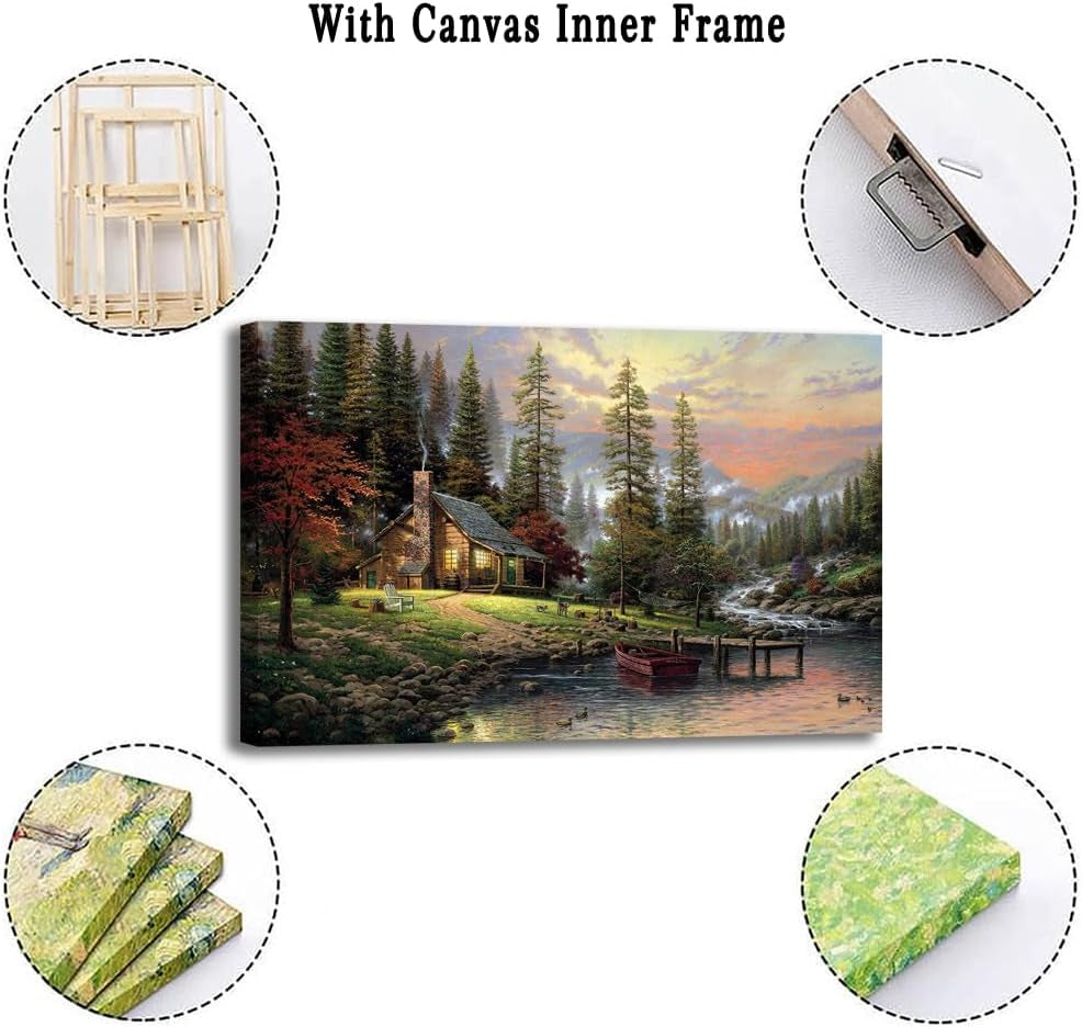 Landscape Oil Painting Kinkade Wall Art Country Pastoral Pictures in Frame with Lake Mountain Wall Decor Cityscape Canvas Poster for Living Room Bedroom Decor (24X36In Frame,Tms-1)