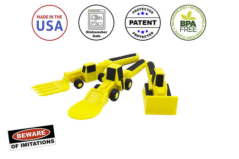 Image of - Toddler Utensils Made in USA - Construction Silverware for Toddlers - Construction Utensils for Kids - Construction Eating Set with Excavator Fork and Spoon - Constructive Eats
