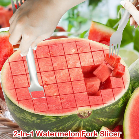 Image of 4 Pcs Watermelon Fork Slicer Cutter, Stainless Steel 2-In-1 Watermelon Fork Slicer, Portable Watermelon Fork Watermelon Cutter Slicer Tool Fruit Forks Slicer for Home Party Camping Kitchen Gadget